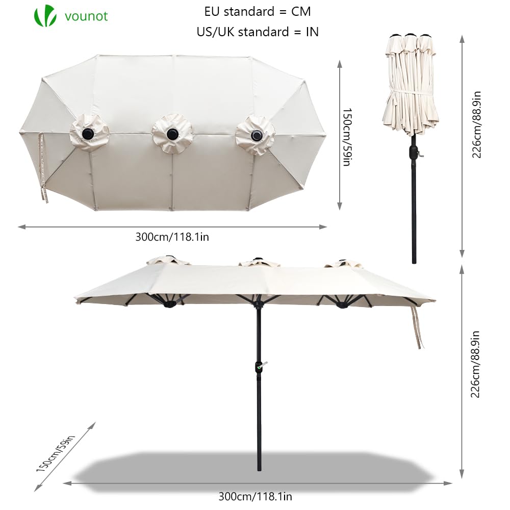VOUNOT® 3m Double Garden Parasol, Extra Large Rectangular Patio Table Umbrella, with Crank Handle, Protective Cover, UV 50-, Beige