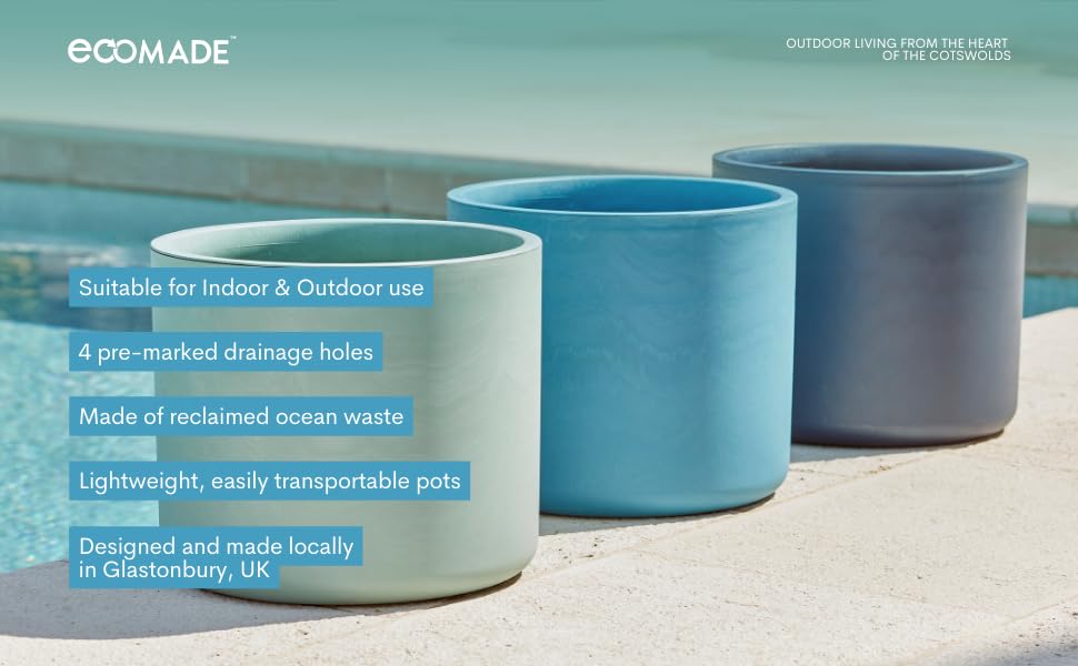 Gardenesque Ecomade Planter 35cm, Dark Blue, Reclaimed Ocean Waste Plastic, Eco-Friendly, UK-Made Pot for Indoor & Outdoor Use, Lightweight, 35 x 35 x 30cm