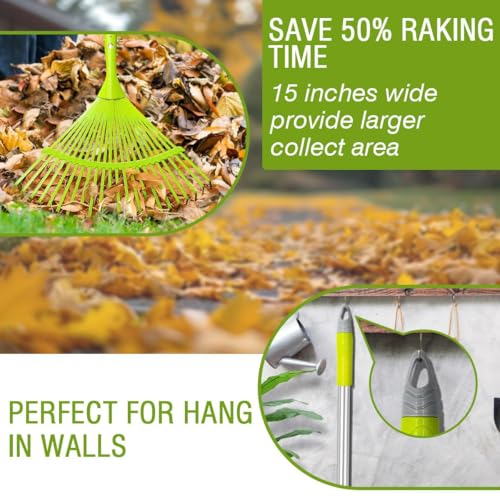 Hortem Garden Leaf Rake Set, Telescopic Rake Gardening, include 24-Teeth Aluminum Lawn Rake and Lightweight Garden Yard Leaf Scoops (Green)