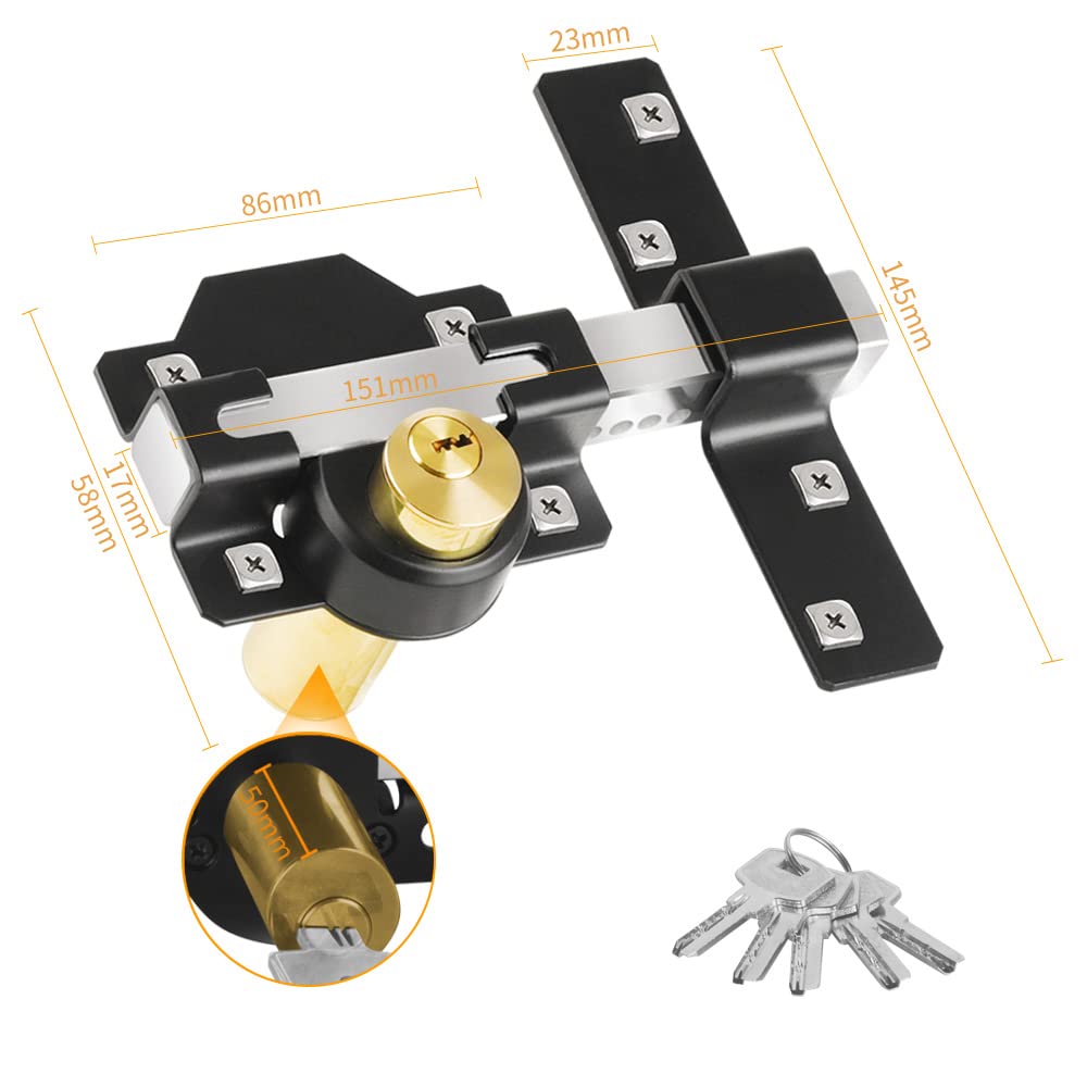 Mortrise Lock, Long Throw Gate Lock for Wooden Gate, Double Sides Locking, 50mm, 5 Keys