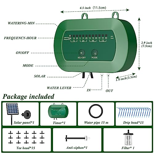 AnseTo Solar Irrigation System,Solar Drip Irrigation Kit with 15 Drippers,Solar Watering System DIY Automatic Watering System for Garden,Plant,Greenhouse,Terrace,Eco-Friendly and Energy-Saving, 2w