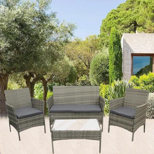 COZYBRITE Rattan Garden Furniture Sofa Set with Cover Coffee Table Chairs 4 Seater for Outdoor Patio Balcony 6210-B (Mixed Grey-Dark Grey Cushions)