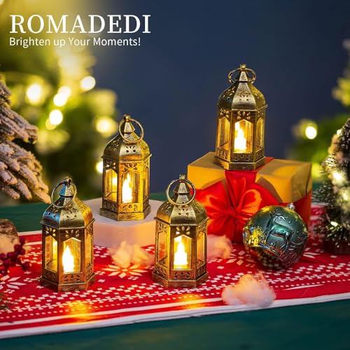 Romadedi Gold Candle Lantern Christmas - 10pcs Hanging Small Decorative LED Lantern Bulk for Halloween Table Decoration Wedding Decor Moroccan Ramadan
