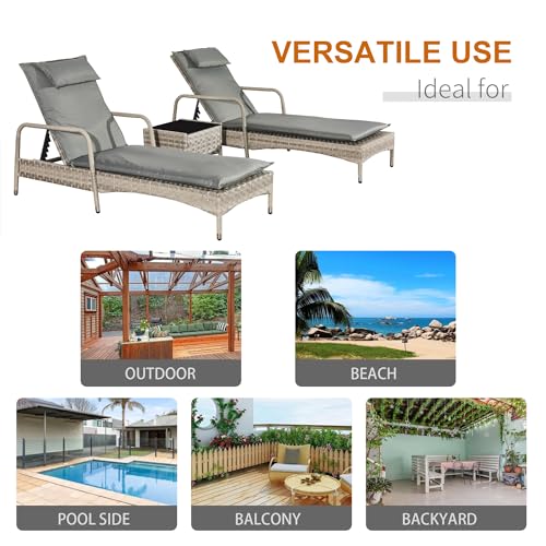 Aweather 3 Pieces Rattan Lounger Set Sun Lounger,PE Rattan Patio Lounge Chair Set,Outdoor Recliner Lounge Chairs with Adjustable 5-Position Recliner for Patio, Beach, Pool