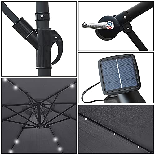 Panana 3M Garden Cantilever Parasol with 24 Solar Powered LED Lights Outdoor Banana Hanging Umbrella with Crank Mechanism Sun Shade Canopy for Poolside, Deck, Patio and Balcony Dark Grey