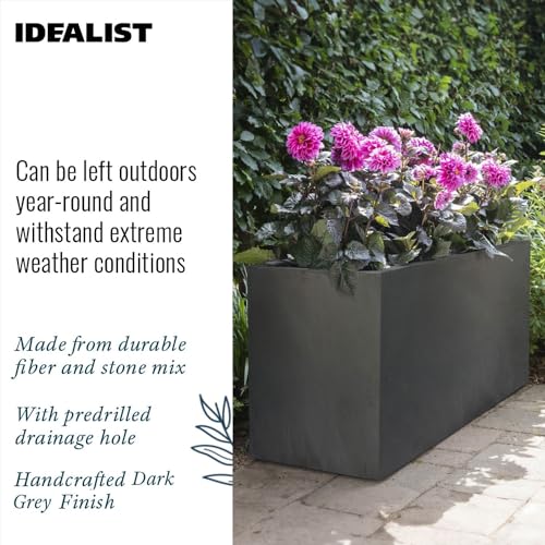 IDEALIST Set of 2 85cm Large Trough | Dark Grey Reinforced Stone Rectangle Plant Pot | Garden Planters with Drainage Holes L85 W26 H41 cm, 60 litres