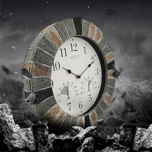 OCEST Heavy Duty Garden Clocks Outdoor Waterproof, 13inch Resin Large Wall Clock with Thermometer and Hygrometer Battery Operated Non Ticking Decorative for Patio Pool