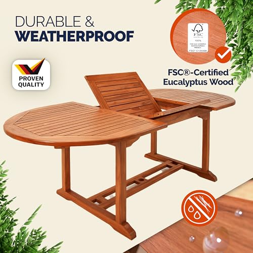 CASARIA® Vanamo Extending Wooden Garden Dining Table | FSC®-Certified Eucalyptus Wood | 150-200x100cm Extendable Foldable Adjustable | Patio Furniture Outdoor Oval 6 Seater
