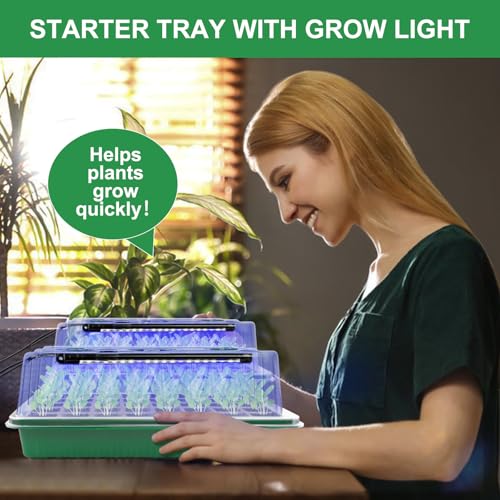 DOUUCO Seed Trays with Grow Light, 2 Pack 80 Cells Propagators Trays with Heightened Lids, Seedling Starter Growing Trays Adjustable Window 2 Meters Timing Controller for Greenhouse Gardens Green
