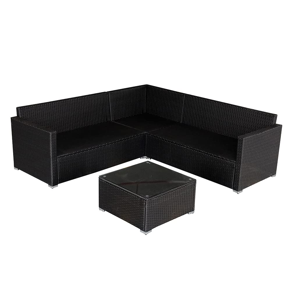 Panana Rattan Furniture Set 5 Seater Lounge Corner Sofa Set with Table Stool and Cover Garden Patio Conservatory Outdoor (Black Wicker with Beige Cushions)