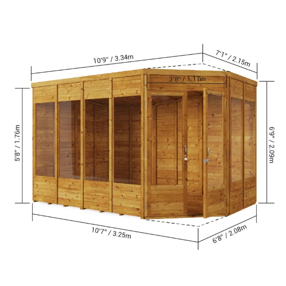 BillyOh Corner Summerhouse 11 x 7 Log Cabin Garden Storage Shed Summer House Renna Wooden Summerhouses (Doors on Right)