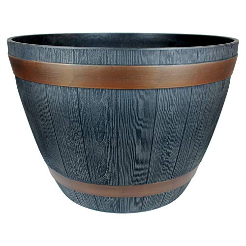 Rustic Style Dark Grey Plastic Half Barrel Cask Planters 51cm Diameter - Set of 2 - Indoor & Outdoor Flower/Plant Pot.