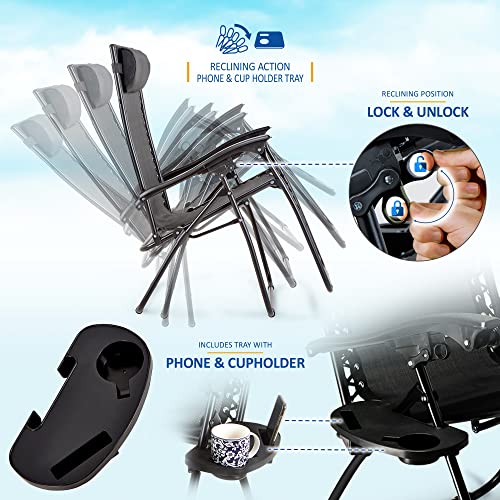 SUNMER Set of 2 Sun Lounger Garden Chairs With Cup And Phone Holder | Adjustable Headrest Pillow | Deck Folding Recliner Zero Gravity Outdoor Chair - Black