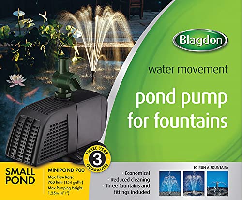 Blagdon Minipond Pond Pump 700 (to Run Fountains for Small Ponds up to 1500 Litre), 3 Fountain Heads, Black