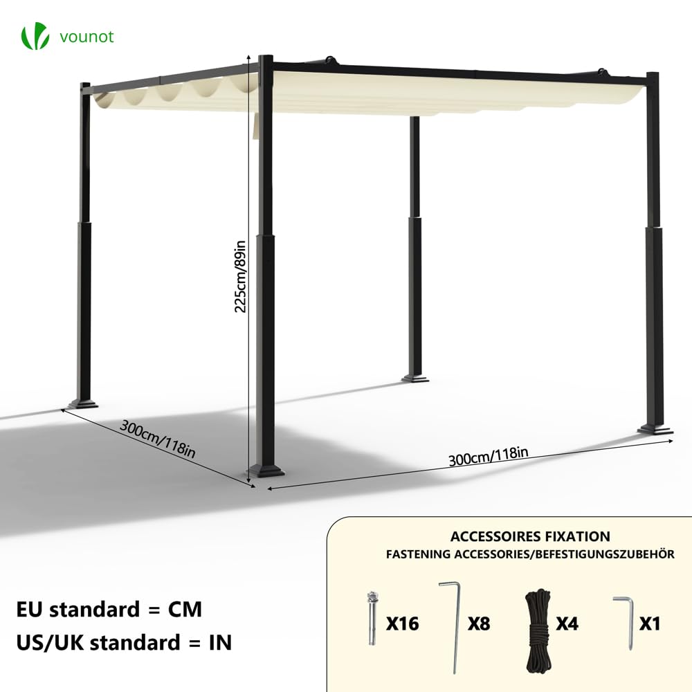 VOUNOT® 3x3m Metal Pergola with Retractable Roof, Gazebo with Sun Shade Canopy for Garden Patio Outdoor, Beige