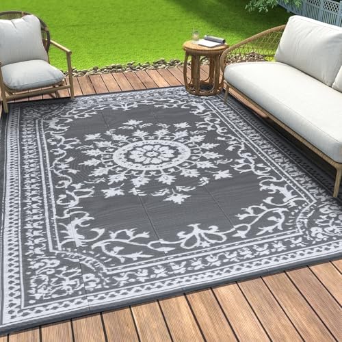 OMERAI Garden Rugs Outdoor Rug Waterproof 120X180CM Vintage Grey Rug Portable Reversible Recycled Plastic Outdoor carpet for Patios,Camping,Deck,Beach,Picnic,Backyard