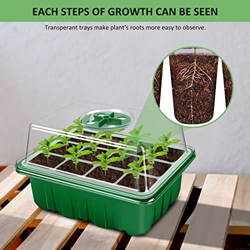 YAUNGEL Seed Trays, 12 Pack 144 Cells Propagator Growing Thicken Seedling Starter Growing Trays with Clear Lids/Adjustable Window for Greenhouse & Gardens, Green