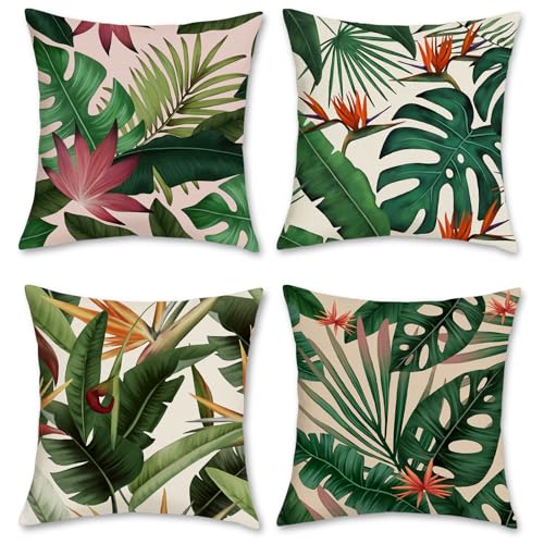 Bonhause Tropical Leaves Cushion Covers 45 x 45 cm Green Leaf Plant Decorative Throw Pillow Covers Polyester Linen Pillowcases for Sofa Patio Garden Outdoor Decor Set of 4