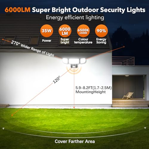 Ushine 35W Security Lights Motion Sensor, 6000LM LED Floodlights with PIR Remote Control, IP65 Waterproof Outdoor Sensor Light & 3 Adjustable Heads for Garage, Yard - Black