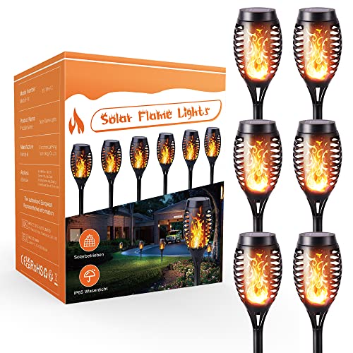 Geemoo 6 Pack Solar Flickering Dancing Flame Lights Waterproof Solar Torch Lights for Outdoor Garden Patio Pathway Yard Driveway Halloween Decorative