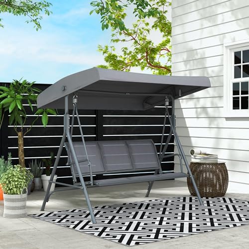 Outsunny 3 Seater Swing Chair, Garden Swing Bench with Canopy, Breathable Mesh Seat and Heavy Duty Steel Frame for Patio, Yard, Grey