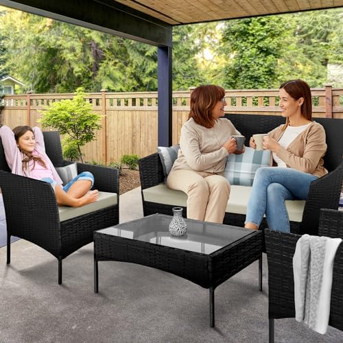 KEPLIN 4-Piece Rattan Garden Furniture Set Outdoor Lounger Sofa, Stackable Chairs & Bistro Table - UV-Resistant, Easy Storage - Patio Dining (Black)