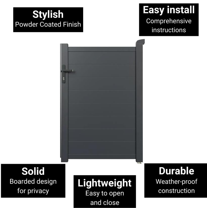 Trueshopping Nova Pedestrian Gate Aluminium Garden Gate - Horizontal Panel Design, Powder-Coated Finish & Full Privacy - Metal Garden Gates 3ft Wide in Anthracite Grey with Fixings & Fittings
