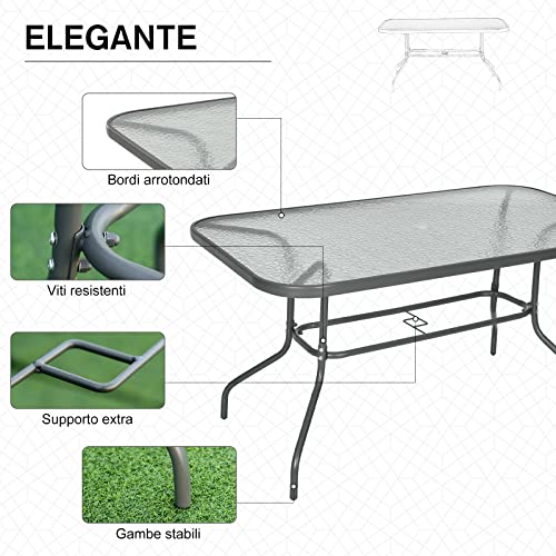 Outsunny Garden Dining Table Glass Top Metal Frame with Parasol Hole Outdoor Balcony Grey 140L x 80Wcm