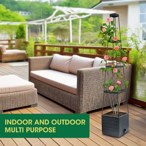 MYMULIKE Raised Garden Bed Planter Box with Trellis, Tomato Cage Planter, Raised Garden Bed with Trellis for Climbing Vegetables Plants Tomato Cage, Self-Watering, Indoor Outdoor Use (2pcs black)