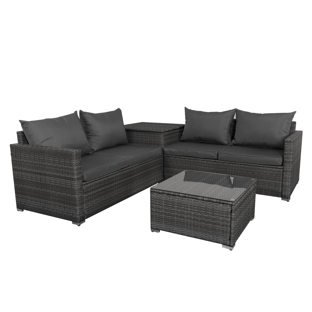 Panana 4 Seater Rattan Furniture Set Lounge Corner Sofa Set with Storage Cabinet, Coffee Table, Furniture Cover for Garden Patio Outdoor (Grey Wicker with Grey Cushions)