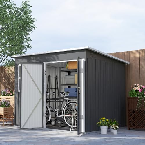 Outsunny 8.5 x 6ft Storage Shed Galvanised Steel Garden Shed, Metal Shed with Foundation Kit, Window, Lockable Wide Doors and Air Vents for Outdoor Patio, Dark Grey