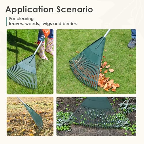 ORIENTOOLS Garden Leaf Rake, Adjustable Lightweight Steel Handle, Comfortable Grip Handle, Plastic Head，Poly Shrub Rake,26 Tines,110 to 168cm (Silver Handle)