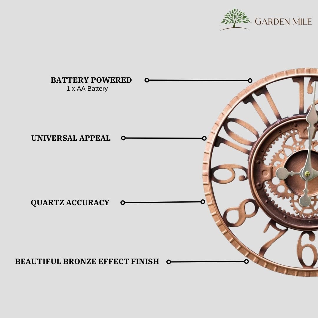 Homezone Large Bronze 30cm Open Faced Skeleton Mechanical garden clock Battery Power Operated Quartz Waterproof Weatherproof Garden Clock - Indoor or Outdoor home Kitchen Living Room Decor Clocks