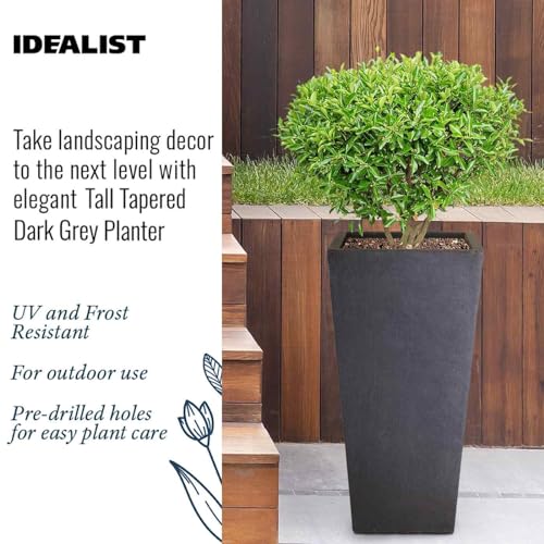 IDEALIST Set of 2 Small 50.5cm Tall Planter for Garden | Dark Grey Reinforced Stone Tapered Square Planter | Outdoor Pots with Drainage Holes L24.5 W24.5 H50.5 cm, 18 litres