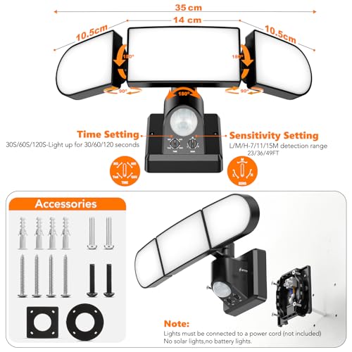 Ushine 35W Security Lights Motion Sensor, 6000LM LED Floodlights with PIR Remote Control, IP65 Waterproof Outdoor Sensor Light & 3 Adjustable Heads for Garage, Yard - Black