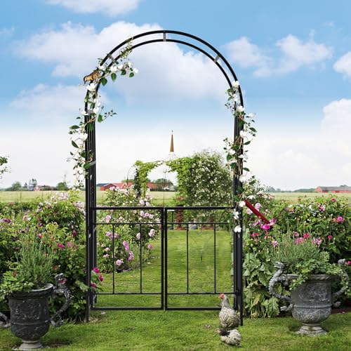 CyyKcc Black Garden Arbour Arch with Gate, Heavy Duty Metal Plant Climbing Arch Frame for Wedding, Party, Garden Pergola Arbor Trellis with Doors for Indoor, Outdoor