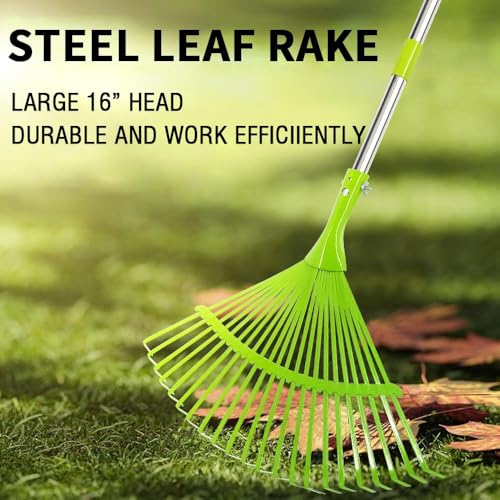 Hortem Garden Leaf Rake Set, Telescopic Rake Gardening, include 24-Teeth Aluminum Lawn Rake and Lightweight Garden Yard Leaf Scoops (Green)