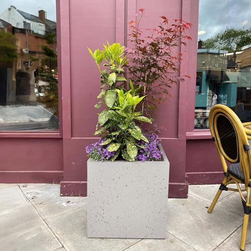 IDEALIST 50cm Large Square Planter for Trees | Grey Marble Effect Reinforced Stone Flower Pot with Drainage Holes L50 W50 H50.5 cm, 92 litres