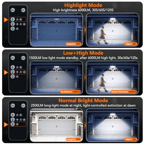 Ushine 35W Security Lights Motion Sensor, 6000LM LED Floodlights with PIR Remote Control, IP65 Waterproof Outdoor Sensor Light & 3 Adjustable Heads for Garage, Yard - Black