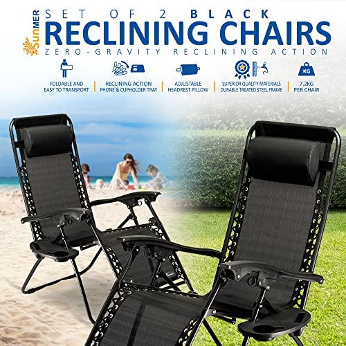 SUNMER Set of 2 Sun Lounger Garden Chairs With Cup And Phone Holder | Adjustable Headrest Pillow | Deck Folding Recliner Zero Gravity Outdoor Chair - Black