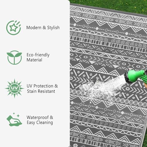 Grey Plastic Straw Patio Carpet for Garden, Deck, Picnic, Beach - 245x150cm Waterproof Outdoor Rug