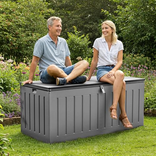 Olsen & Smith 830L Extra Large XL Outdoor Garden Storage Box - Weather Resistant Heavy Duty Garden Box Wood Effect with Padlock - Massive Capacity Storage Chest for Tools Cushions Toys & More, Grey
