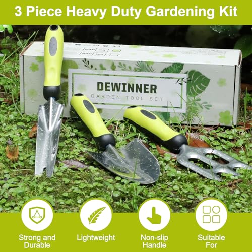 DEWINNER Garden Tools Set, 3pcs Stainless Steel Gardening Tools Kits with Beautiful Box, Planting Tools with Ergonomic Handle, Weeder Tool, Garden Hand Fork, Trowel for Planting