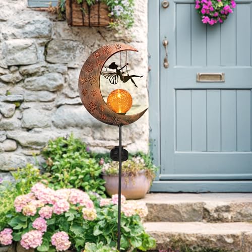 TERESA'S COLLECTIONS Fairy Garden Ornaments Outdoor, Large Fairy Swinging on the Moon Solar Lights for Garden Gifts, Solar Stake Lights with Crackle Glass Ball for Lawn Yard, Garden Path, 39inch