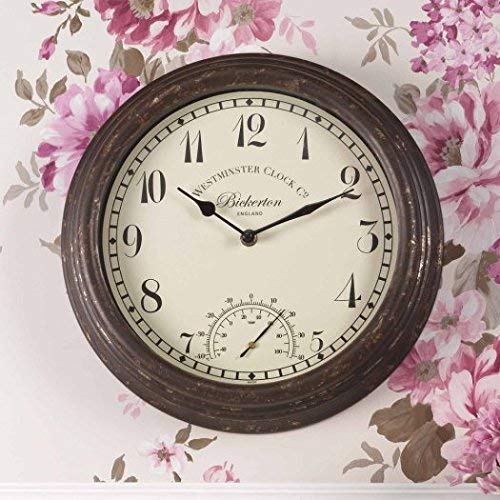 Bickerton Wall Clock and Thermometer, Classic Outdoor/Indoor Design with Large 12 Inch Face. Suitable for Garden, Kitchen, Bathroom and More