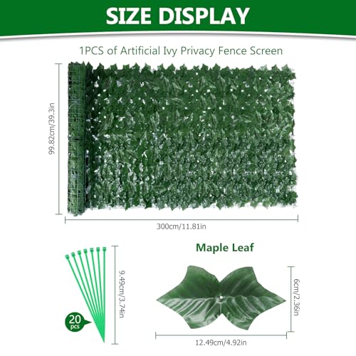 Blueeour Garden Screening,1 * 3M Artificial Ivy Fence Screening, Artificial Hedge Screening,Balcony Privacy Screen, Fence Trellis with Leaves, Fence Ivy for Balcony Garden Decoration(1Pcs)