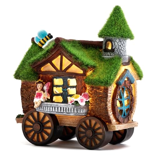 TERESA'S COLLECTIONS Garden Ornaments Outdoor, Lovely Carriage Fairy House with Solar Lights, Waterproof Resin Fairy House Ornaments, New Year Gifts, Indoor Outdoor 21CM