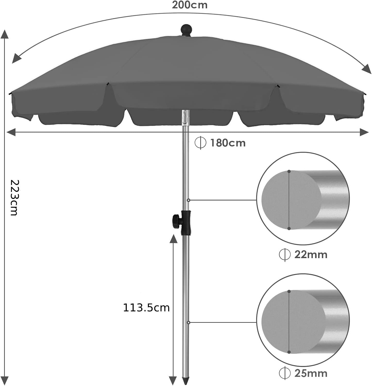 LIFERUN 2 X 2M Parasol, Market Umbrella, Round Garden Umbrella, 8 Steel Braces, Base Not Included, Patio Umbrella, Sun Protection UV 50- for Garden, Balcony and Patio, Grey
