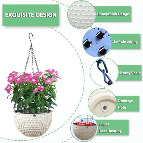 WOWEI 2 Pack Hanging Basket Self-Watering Hanging Planters Pots with Water Reservoir & Drain Hole, Hanging Basket for Plants with Chains Outdoor Garden Flower Planter Container