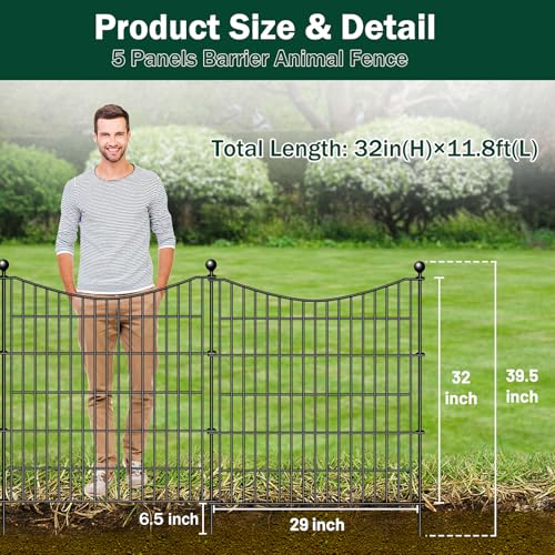 5 Panels Decorative Garden Fence with Gate - 32 in(H) X 12 ft(L) Dog Fence for Yard - Rustproof Metal Garden Edging - Temporary Fencing Stakes